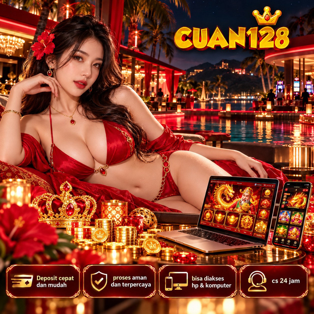 Poster visual CUAN128 bernuansa merah dan emas